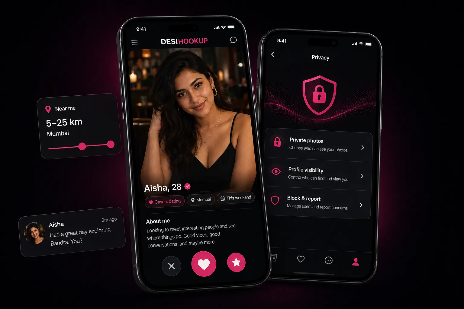 DesiHookup app screens showing a dating profile, location range and privacy controls