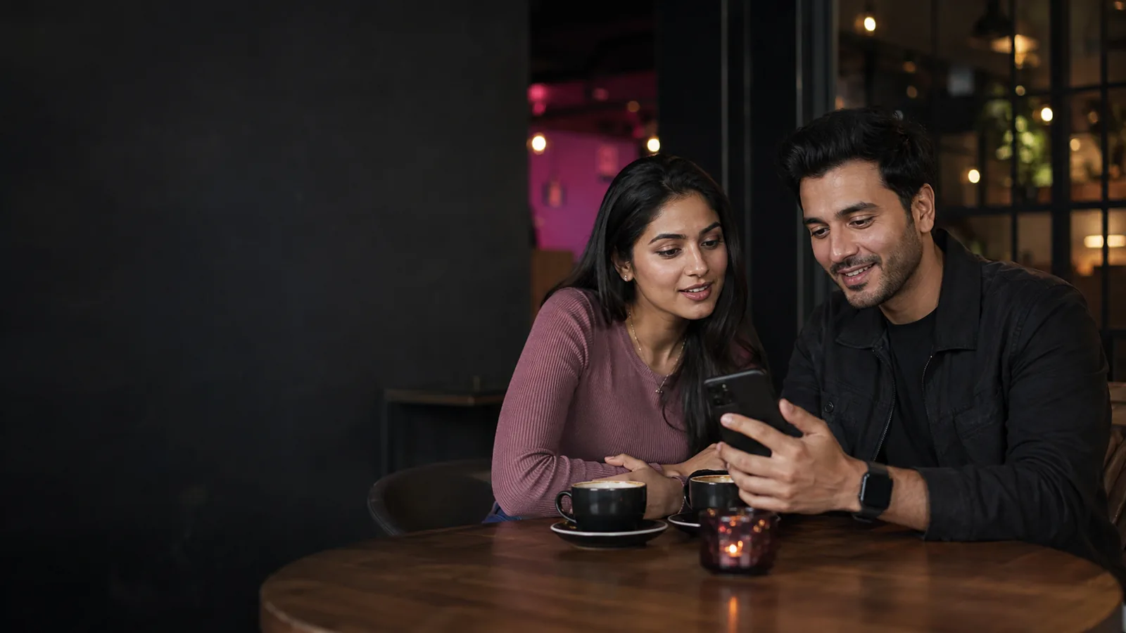 Two South Asian adults discussing something on a phone in a cafe