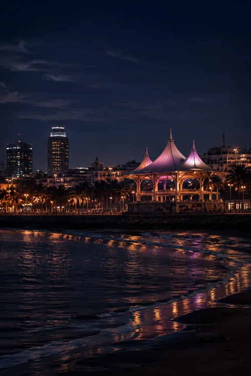 Chennai waterfront pavilion illuminated at night