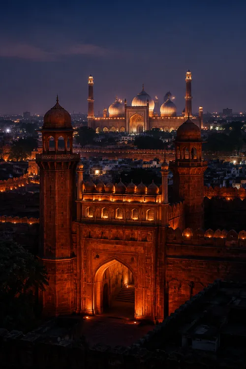 Delhi architecture illuminated in the evening