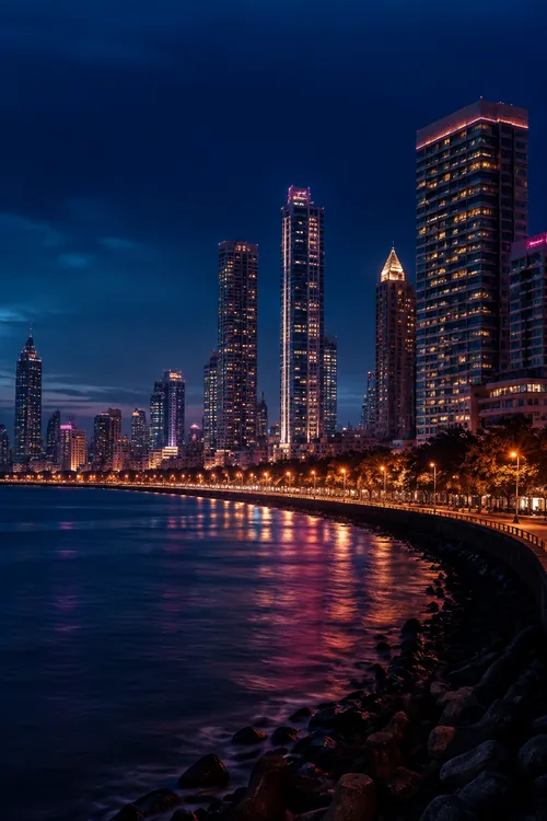 Mumbai waterfront skyline after dark