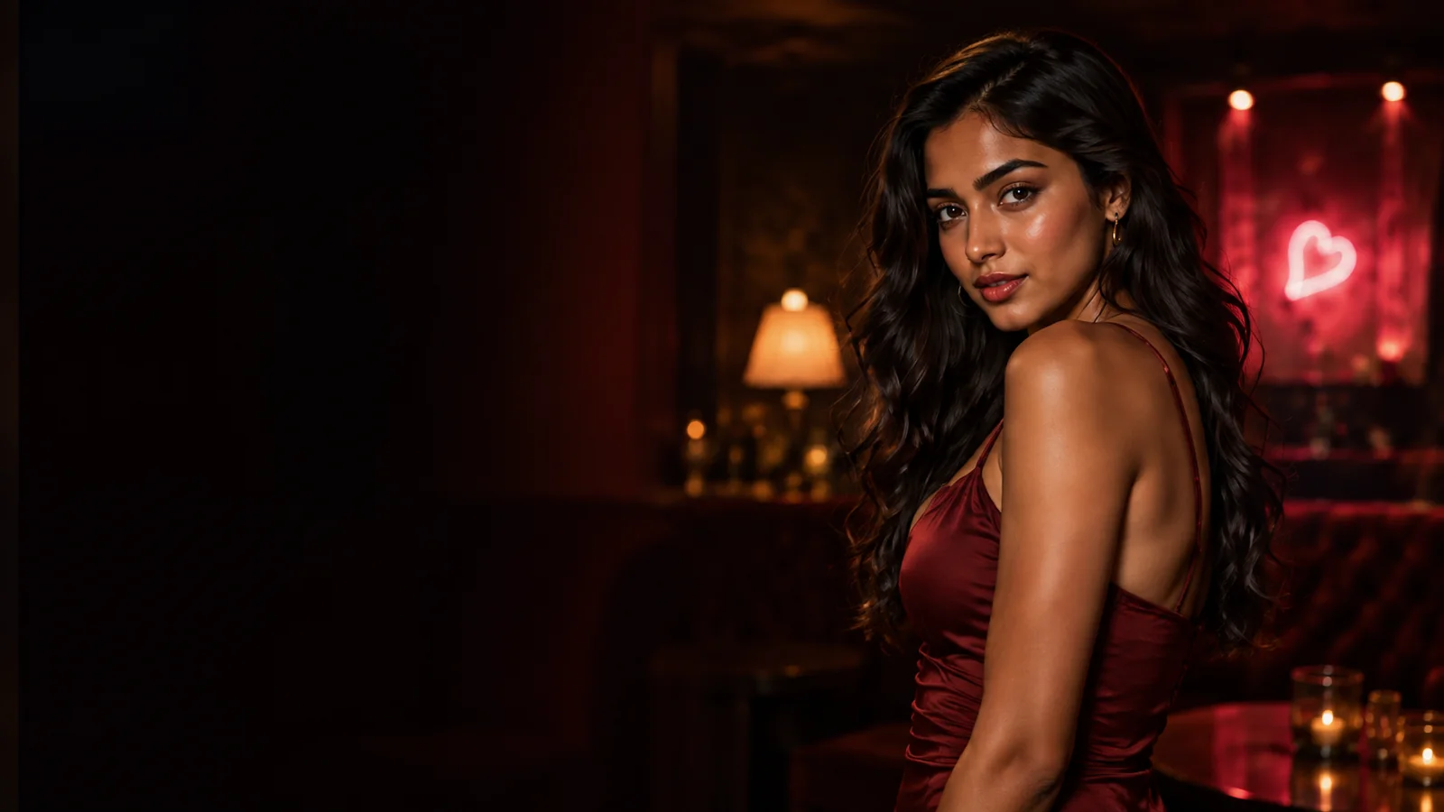 A stylish South Asian woman in a softly lit lounge