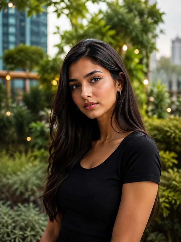 South Asian woman in a black top standing in a garden