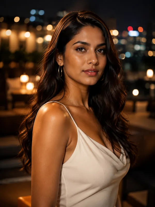 South Asian woman in a light dress at an evening venue