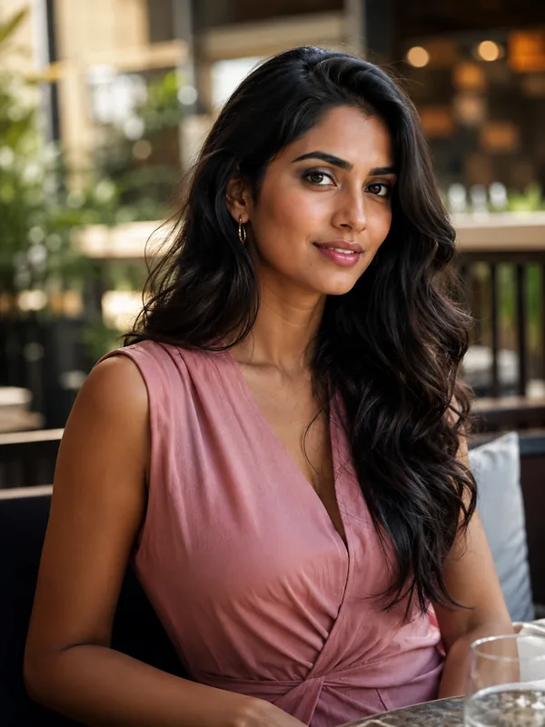 South Asian woman in a pink dress seated at a café