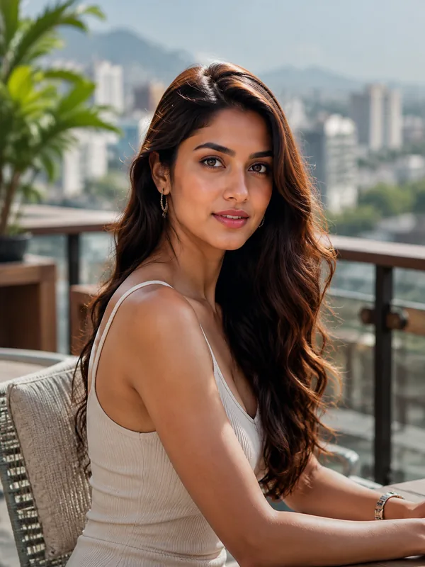 South Asian woman seated on a terrace overlooking a city